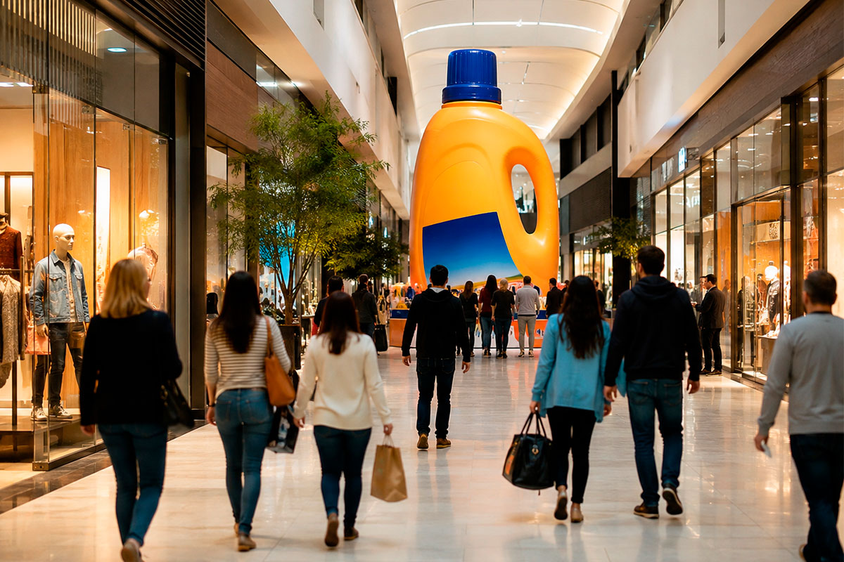 Promoción comercial que atrae visitantes hacia una tienda mediante un elemento visual de gran formato