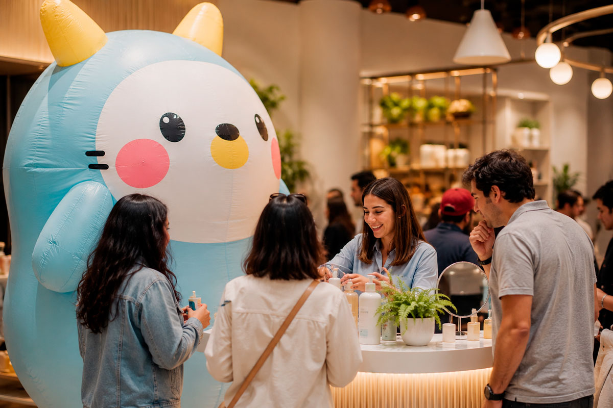 Instalación inflable promocional utilizada como punto de atención para una campaña comercial 