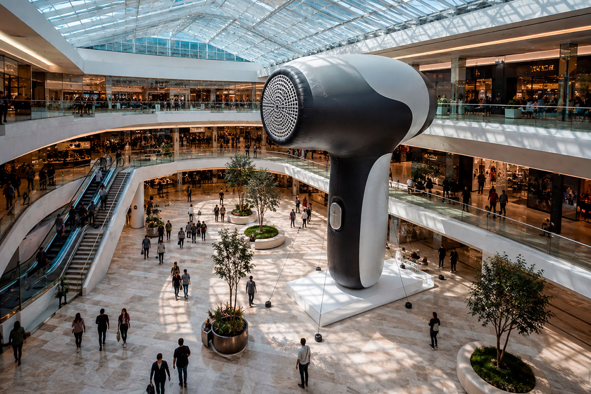 Publicidad inflable para retail destacando una campaña comercial en un espacio de alta circulación