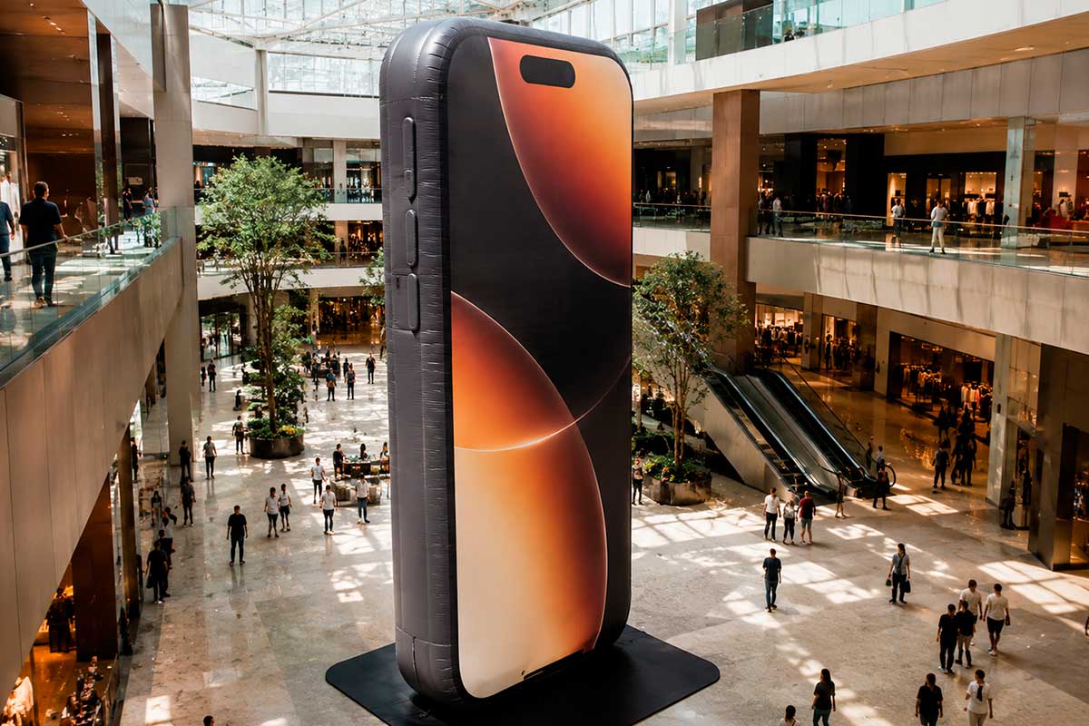 Publicidad tridimensional con réplica inflable gigante en centro comercial