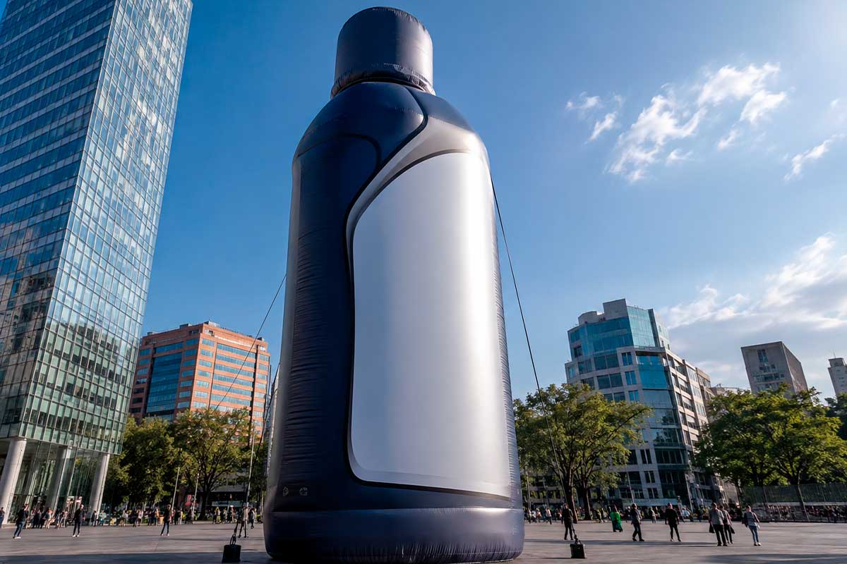 Réplica inflable gigante de producto utilizada para destacar un lanzamiento comercial