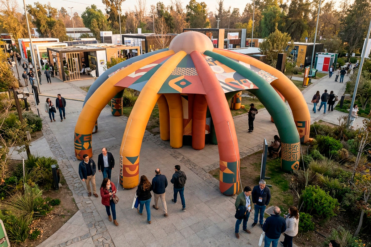 Toldo pulpo personalizado instalado estratégicamente en una feria al aire libre